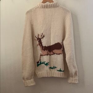 Vintage Cowichan Style Hand Knit Wool Deer Cardigan Sweater